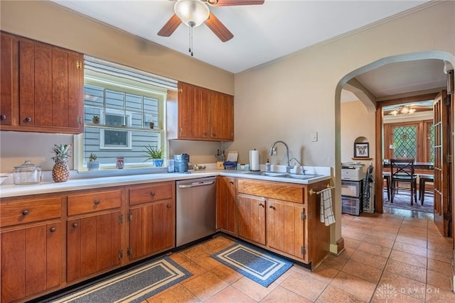 54 Beverly Pl, Oakwood, OH 45419 - kitchen with dishwasher, arched walkways, ceiling fan, a sink, and light countertops