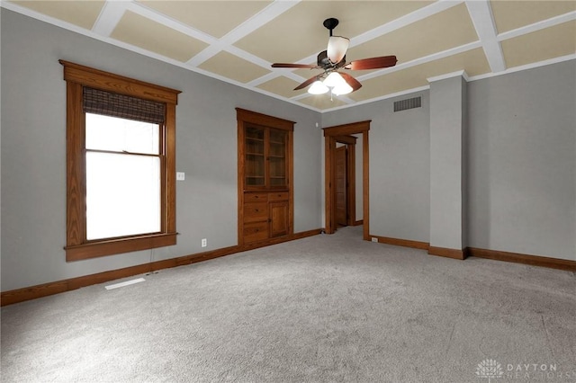 125 W Mound St, South Charleston, OH 45368 - unfurnished room featuring coffered ceiling, baseboards, carpet, a ceiling fan, and ornamental molding