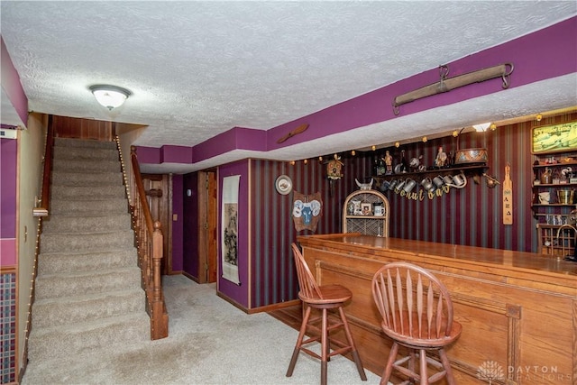 343 White Oak Dr, Chester Twp, OH 45177 - indoor dry bar featuring a textured ceiling, stairs, carpet flooring, and baseboards