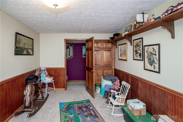 343 White Oak Dr, Chester Twp, OH 45177 - living area featuring a wainscoted wall, wood walls, a textured ceiling, and carpet flooring