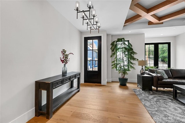 1000 Paradrome St, Cincinnati, OH 45202 - foyer entrance featuring a chandelier, coffered ceiling, light wood-type flooring, beam ceiling, and recessed lighting