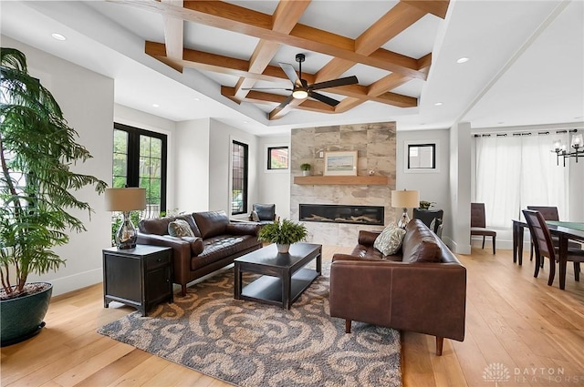 1000 Paradrome St, Cincinnati, OH 45202 - living room with coffered ceiling, light wood-type flooring, a ceiling fan, baseboards, and beam ceiling