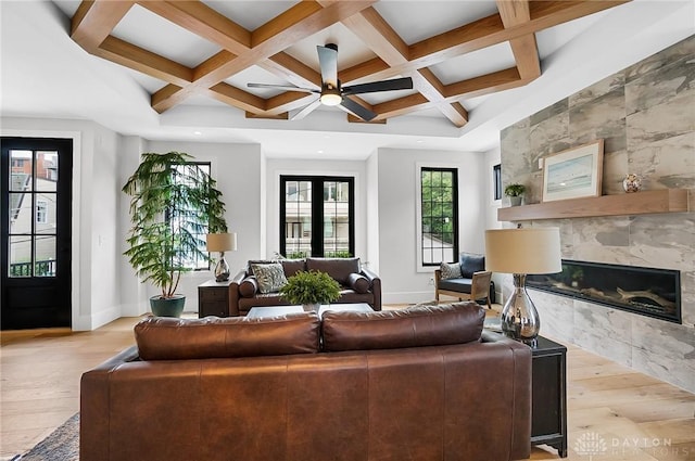 1000 Paradrome St, Cincinnati, OH 45202 - living room featuring hardwood / wood-style floors, coffered ceiling, a premium fireplace, baseboards, and beamed ceiling