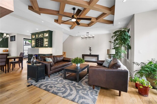 1000 Paradrome St, Cincinnati, OH 45202 - living area featuring a chandelier, light wood-style floors, recessed lighting, beamed ceiling, and coffered ceiling