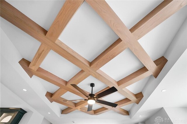 1000 Paradrome St, Cincinnati, OH 45202 - detailed view of coffered ceiling, beamed ceiling, recessed lighting, and ceiling fan
