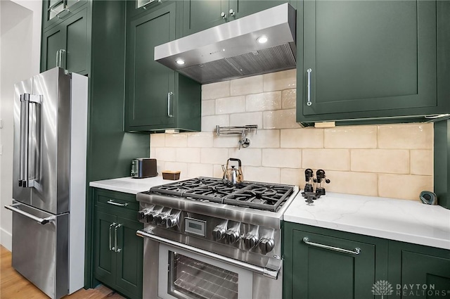 1000 Paradrome St, Cincinnati, OH 45202 - kitchen featuring green cabinetry, premium appliances, ventilation hood, light wood-style flooring, and tasteful backsplash