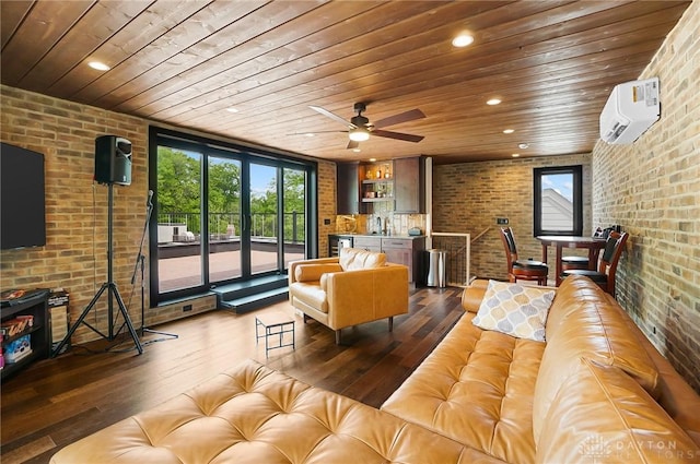 1000 Paradrome St, Cincinnati, OH 45202 - living area featuring wood ceiling, brick wall, a wall mounted air conditioner, wood-type flooring, and ceiling fan