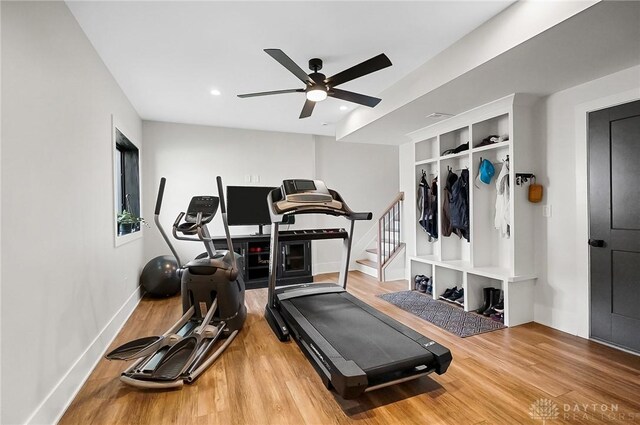 1000 Paradrome St, Cincinnati, OH 45202 - workout room featuring wood finished floors, a ceiling fan, recessed lighting, and baseboards