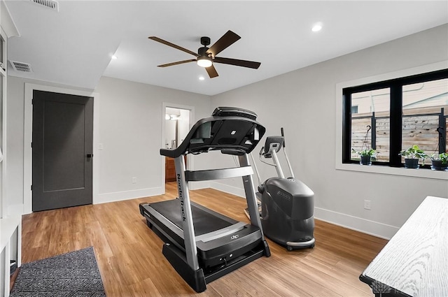 1000 Paradrome St, Cincinnati, OH 45202 - workout room featuring a ceiling fan, baseboards, wood finished floors, and recessed lighting