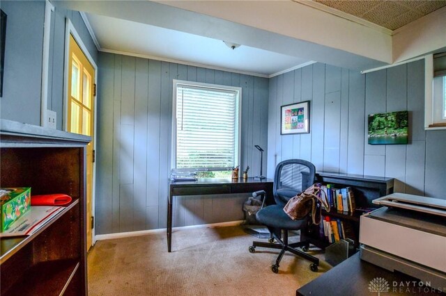 200 Maysfield Rd, Oakwood, OH 45419 - office with ornamental molding, baseboards, carpet floors, and wooden walls