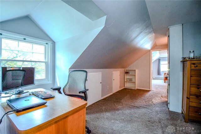 200 Maysfield Rd, Oakwood, OH 45419 - home office featuring vaulted ceiling and dark colored carpet