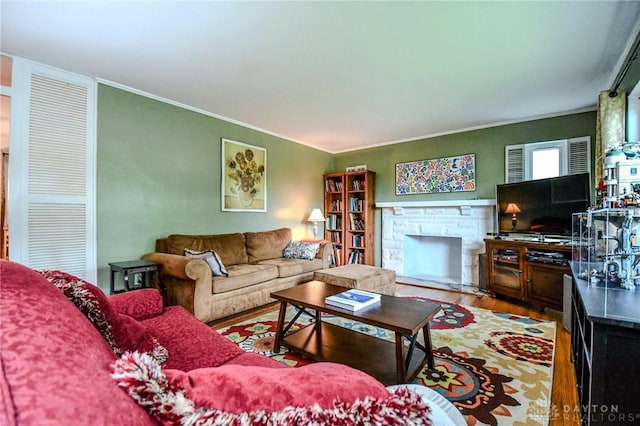 200 Maysfield Rd, Oakwood, OH 45419 - living room featuring wood finished floors, a fireplace, and crown molding
