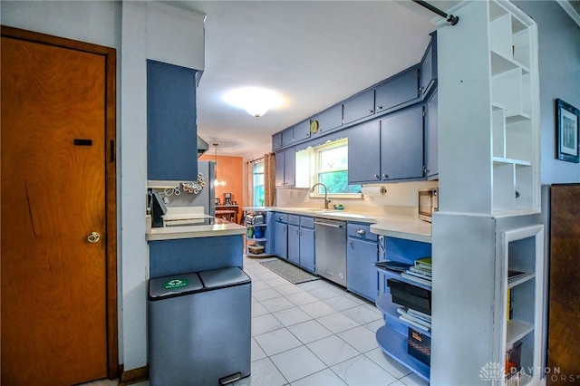 200 Maysfield Rd, Oakwood, OH 45419 - kitchen with dishwasher, blue cabinetry, a sink, light countertops, and light tile patterned floors