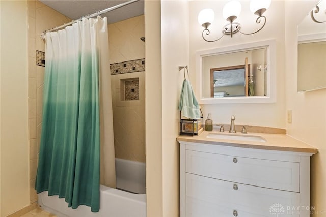 1747 Maple Ln, Beavercreek, OH 45432 - full bath with shower / bath combination with curtain, vanity, and a chandelier