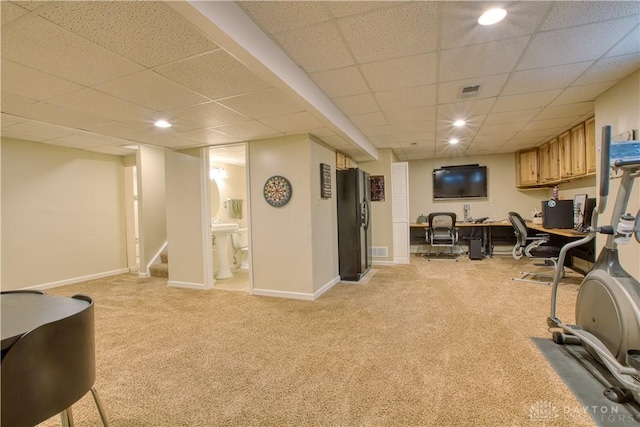 2466 Dewpoint Cir, Fairborn, OH 45324 - home office featuring a paneled ceiling, light colored carpet, baseboards, and recessed lighting