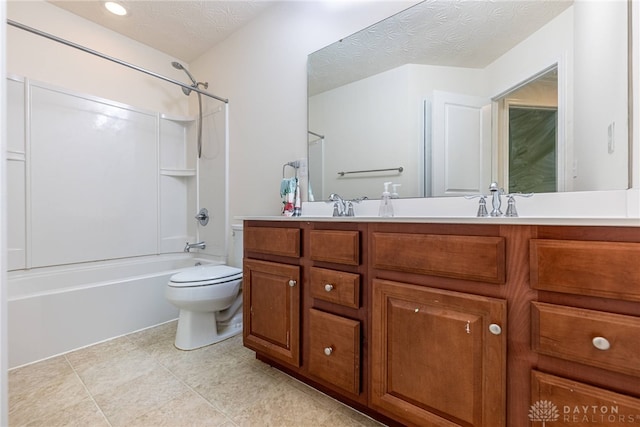 8730 Dowd Ct, Washington Twp, OH 45458 - bathroom with double vanity, shower / tub combination, toilet, tile patterned floors, and a textured ceiling