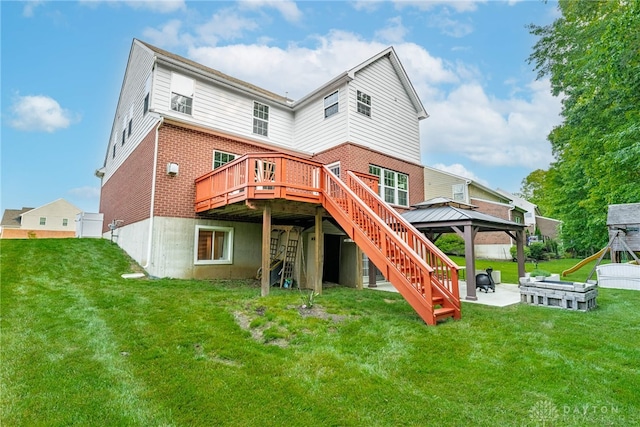 8730 Dowd Ct, Washington Twp, OH 45458 - rear view of house featuring brick siding, a gazebo, a wooden deck, and stairs