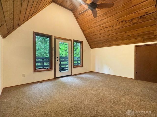 5565 Short Rd, New Carlisle, OH 45344 - additional living space with wood ceiling, ceiling fan, carpet flooring, and high vaulted ceiling