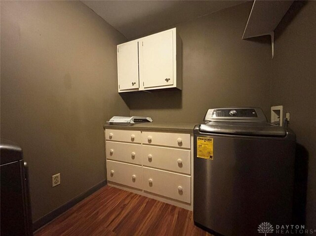 142 W Church St, Xenia, OH 45385 - laundry area with washer / dryer, cabinet space, dark wood finished floors, and baseboards