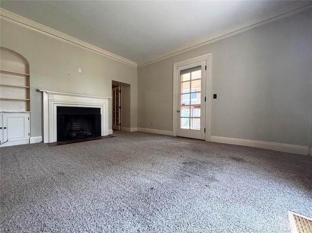 142 W Church St, Xenia, OH 45385 - unfurnished living room featuring crown molding, a fireplace with flush hearth, baseboards, carpet, and built in features