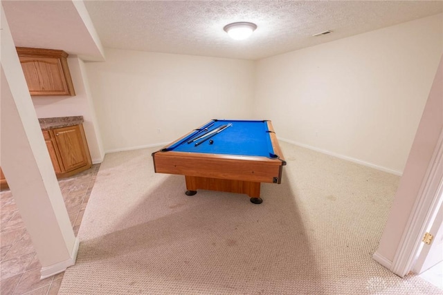 9062 Adam Ln, Waynesville, OH 45068 - rec room featuring light colored carpet, a textured ceiling, billiards, and baseboards
