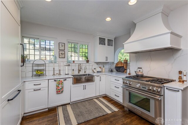 1500 Ridgeway Rd, Oakwood, OH 45419 - kitchen with high end stainless steel range, premium range hood, a sink, backsplash, and recessed lighting