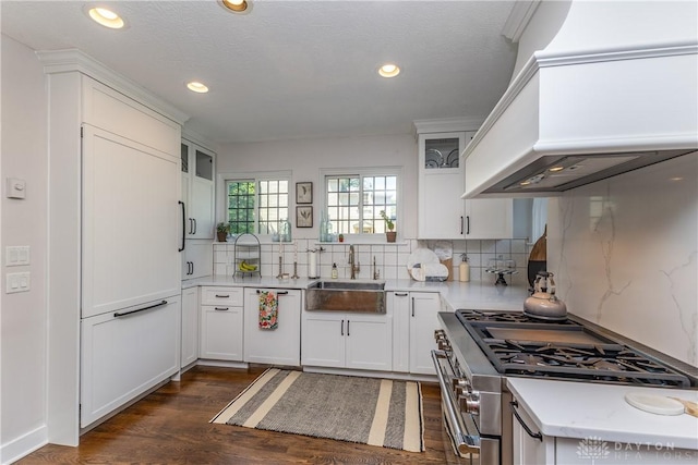 1500 Ridgeway Rd, Oakwood, OH 45419 - kitchen with a sink, high end range, custom range hood, dark wood finished floors, and tasteful backsplash