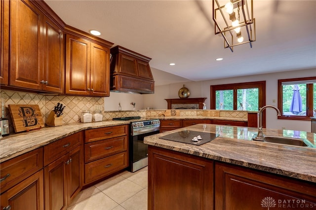 1211 Runnymede Rd, Oakwood, OH 45419 - kitchen with electric stove, a sink, custom range hood, black electric stovetop, and decorative backsplash
