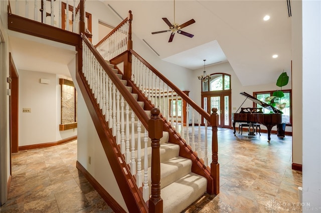 1211 Runnymede Rd, Oakwood, OH 45419 - staircase featuring stone finish flooring, baseboards, a chandelier, a ceiling fan, and recessed lighting