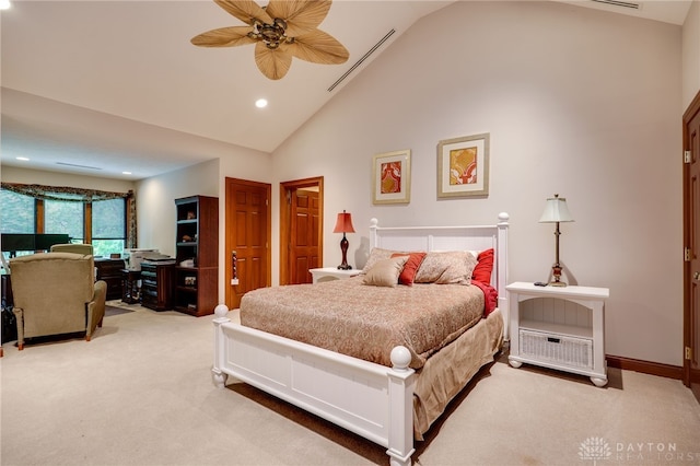 1211 Runnymede Rd, Oakwood, OH 45419 - bedroom featuring carpet floors, recessed lighting, high vaulted ceiling, and a ceiling fan