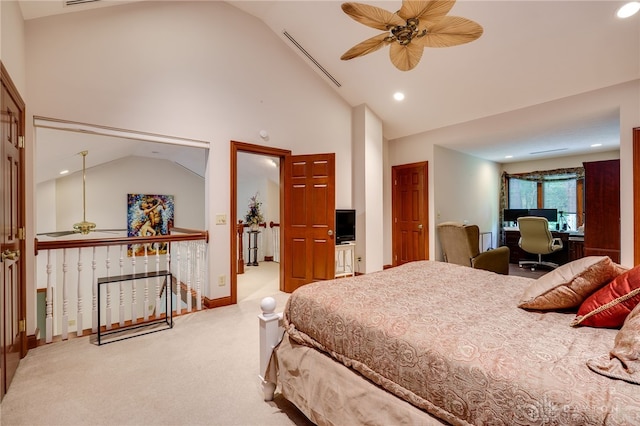 1211 Runnymede Rd, Oakwood, OH 45419 - carpeted bedroom with a desk, recessed lighting, high vaulted ceiling, baseboards, and ceiling fan