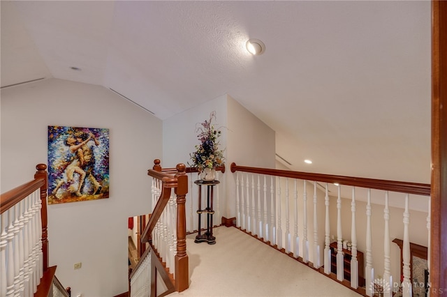 1211 Runnymede Rd, Oakwood, OH 45419 - hall with an upstairs landing, vaulted ceiling, carpet, and recessed lighting