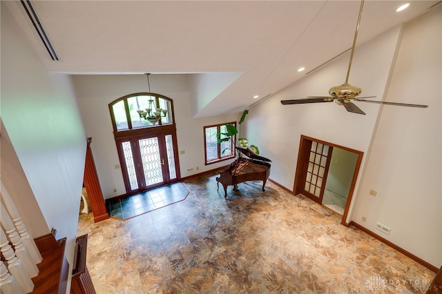 1211 Runnymede Rd, Oakwood, OH 45419 - entryway featuring baseboards, high vaulted ceiling, french doors, a chandelier, and recessed lighting
