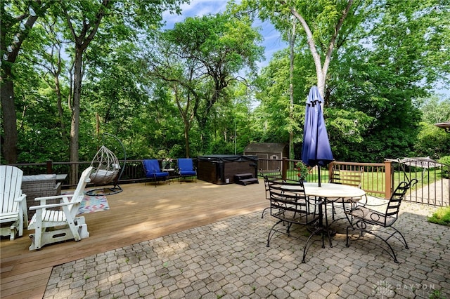 1211 Runnymede Rd, Oakwood, OH 45419 - view of patio / terrace with a hot tub, outdoor dining area, a wooden deck, and view of scattered trees