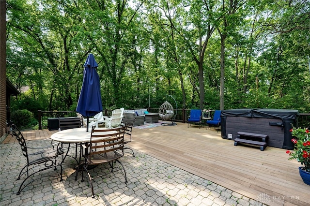 1211 Runnymede Rd, Oakwood, OH 45419 - wooden terrace featuring a hot tub, an outdoor living space, and outdoor dining area