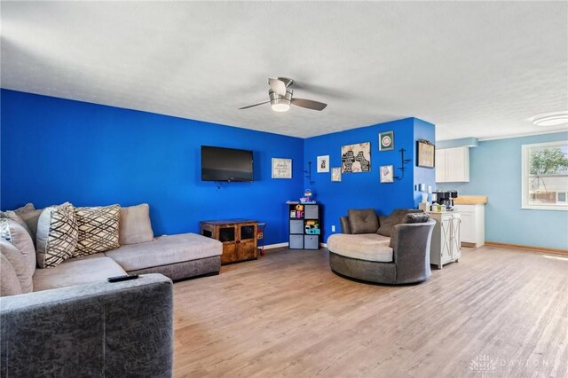 813 Ridge Rd, Englewood, OH 45322 - living room featuring light wood finished floors, ceiling fan, and baseboards