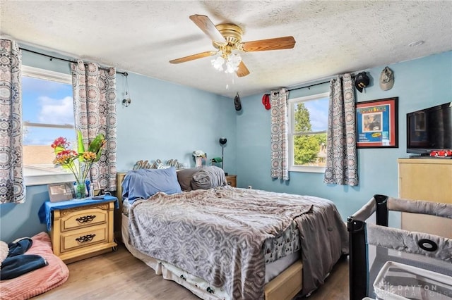 813 Ridge Rd, Englewood, OH 45322 - bedroom featuring wood finished floors, multiple windows, ceiling fan, and a textured ceiling