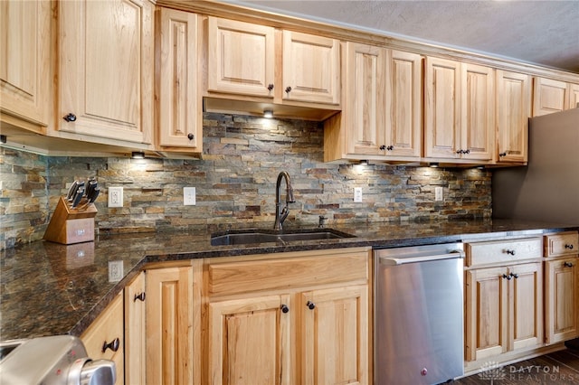 613 Spinning Rd, New Carlisle, OH 45344 - kitchen featuring a sink, light brown cabinetry, backsplash, and dishwasher