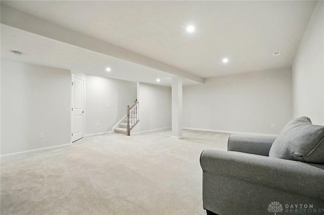 2550 Bellevue Dr, Batavia, OH 45103 - living room with recessed lighting, stairs, light carpet, and baseboards