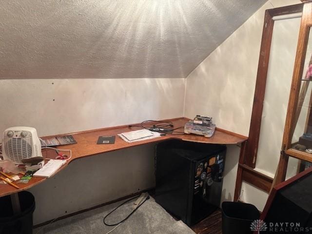 224 S Wolf Creek St, Brookville, OH 45309 - office space with a textured ceiling, built in desk, and vaulted ceiling