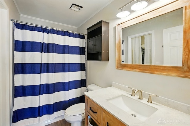 712 S Linden Ave, Miamisburg, OH 45342 - full bathroom featuring toilet, vanity, ornamental molding, and a shower with curtain