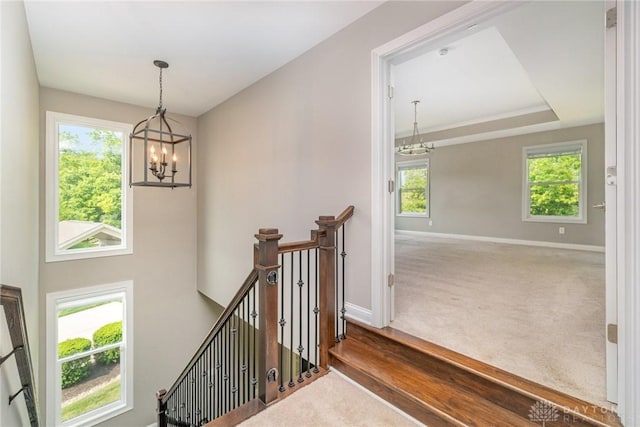 5411 Whispering Brook Ct, Liberty Twp, OH 45011 - stairway featuring a chandelier, carpet floors, and baseboards