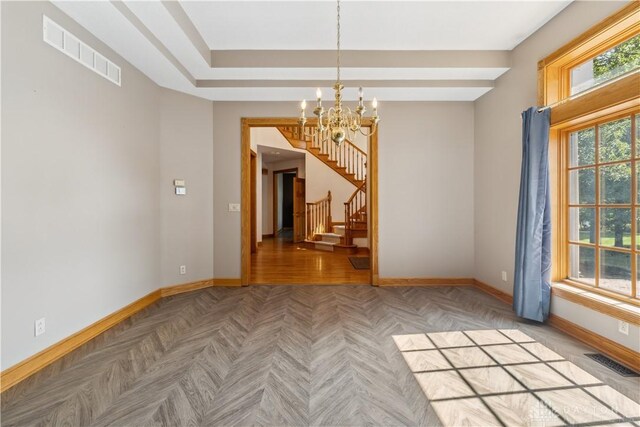 4384 New Market Banta Rd, Lewisburg, OH 45338 - spare room with baseboards, a chandelier, stairway, and parquet flooring