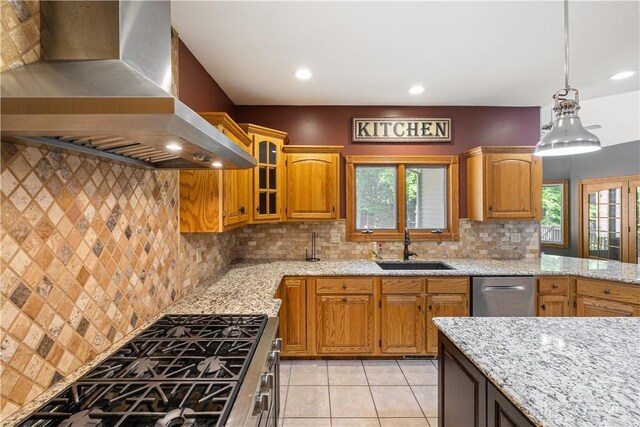 4384 New Market Banta Rd, Lewisburg, OH 45338 - kitchen featuring wall chimney exhaust hood, dishwasher, a sink, healthy amount of natural light, and recessed lighting