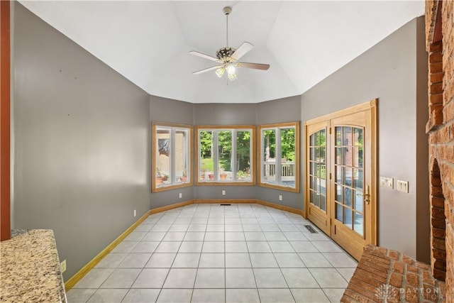 4384 New Market Banta Rd, Lewisburg, OH 45338 - unfurnished room featuring a ceiling fan, light tile patterned floors, high vaulted ceiling, and baseboards
