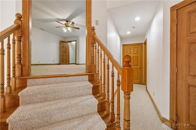 4384 New Market Banta Rd, Lewisburg, OH 45338 - staircase featuring a ceiling fan, carpet flooring, baseboards, and recessed lighting