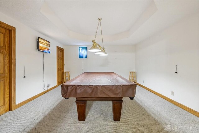 4384 New Market Banta Rd, Lewisburg, OH 45338 - recreation room featuring light colored carpet, baseboards, billiards table, and a tray ceiling
