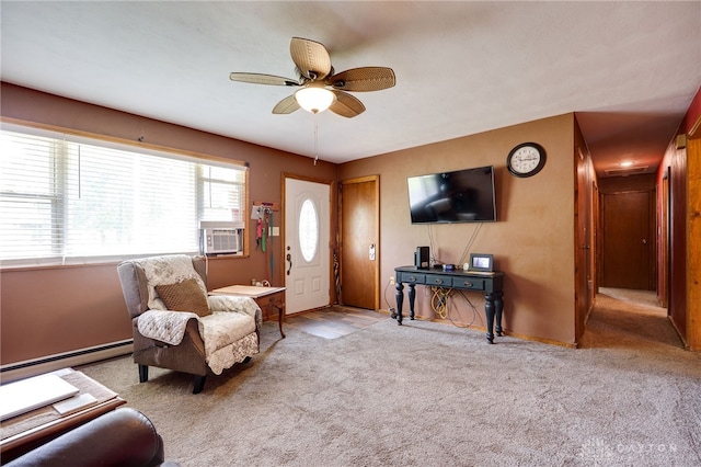 3726 Shawnee Trl, New Jasper Twp, OH 45335 - living room with carpet flooring, a baseboard radiator, ceiling fan, and baseboards