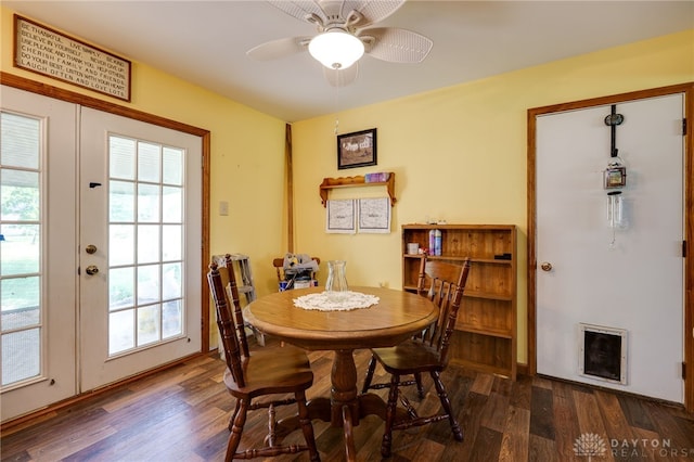 3726 Shawnee Trl, New Jasper Twp, OH 45335 - dining space with french doors, dark wood finished floors, plenty of natural light, and ceiling fan