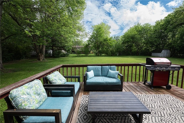 2547 Ryan Ct, Beavercreek, OH 45434 - deck featuring an outdoor living space, a grill, a yard, and view of wooded area
